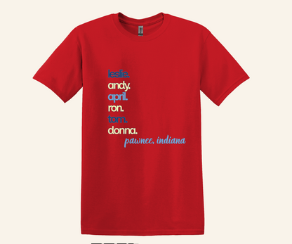 Pawnee Indiana Character Stack Fan Tee, unisex fit, sizes XS–3XL, TV series inspired