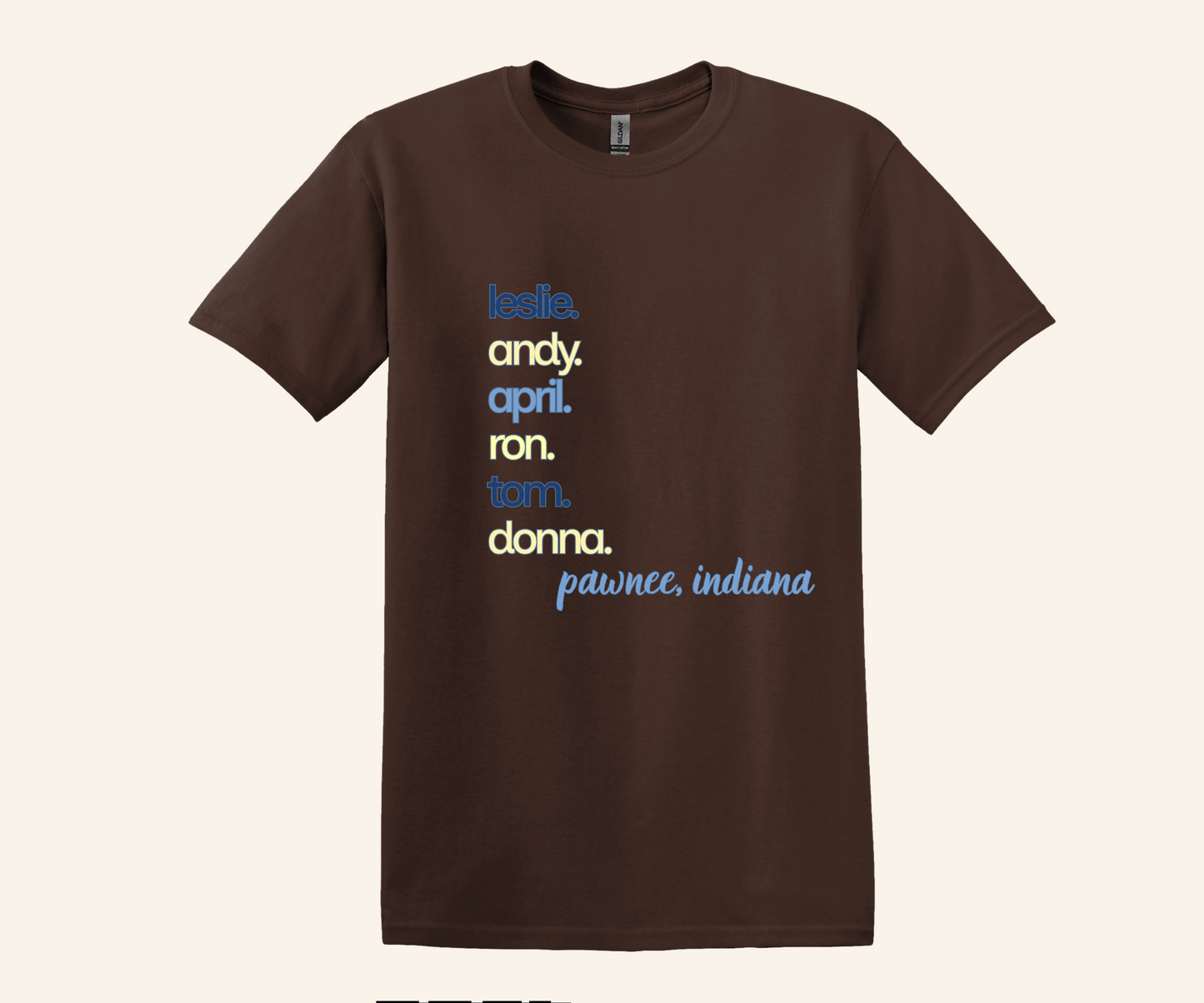Pawnee Indiana Character Stack Fan Tee, unisex fit, sizes XS–3XL, TV series inspired