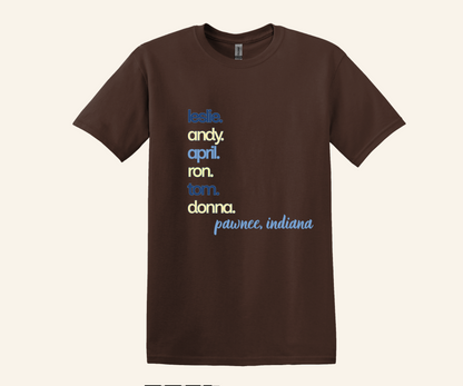 Pawnee Indiana Character Stack Fan Tee, unisex fit, sizes XS–3XL, TV series inspired