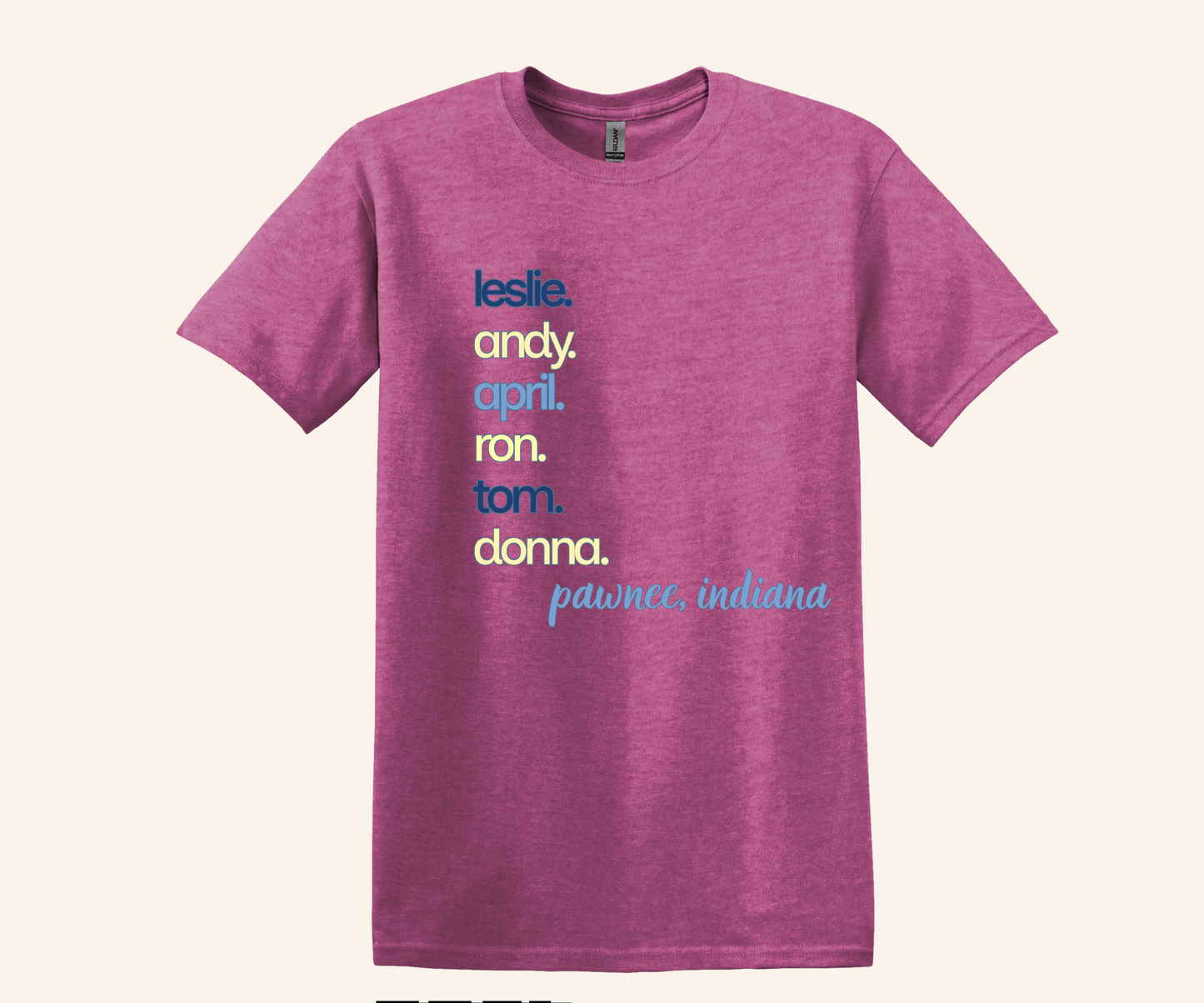 Pawnee Indiana Character Stack Fan Tee, unisex fit, sizes XS–3XL, TV series inspired