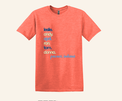 Pawnee Indiana Character Stack Fan Tee, unisex fit, sizes XS–3XL, TV series inspired