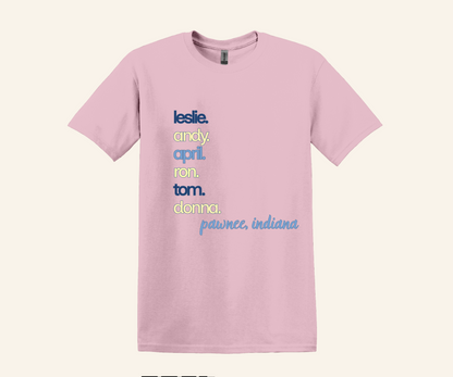 Pawnee Indiana Character Stack Fan Tee, unisex fit, sizes XS–3XL, TV series inspired