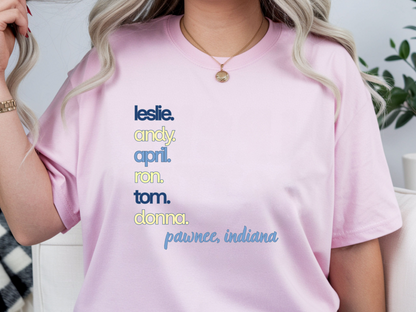 Pawnee Indiana Character Stack Fan Tee, unisex fit, sizes XS–3XL, TV series inspired