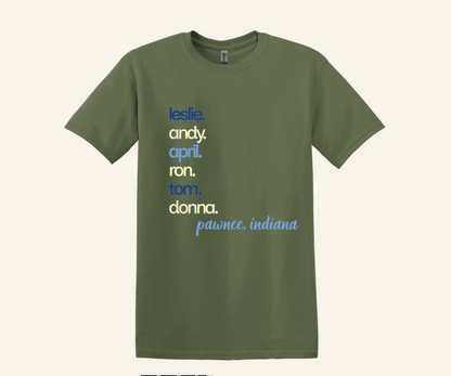 Pawnee Indiana Character Stack Fan Tee, unisex fit, sizes XS–3XL, TV series inspired