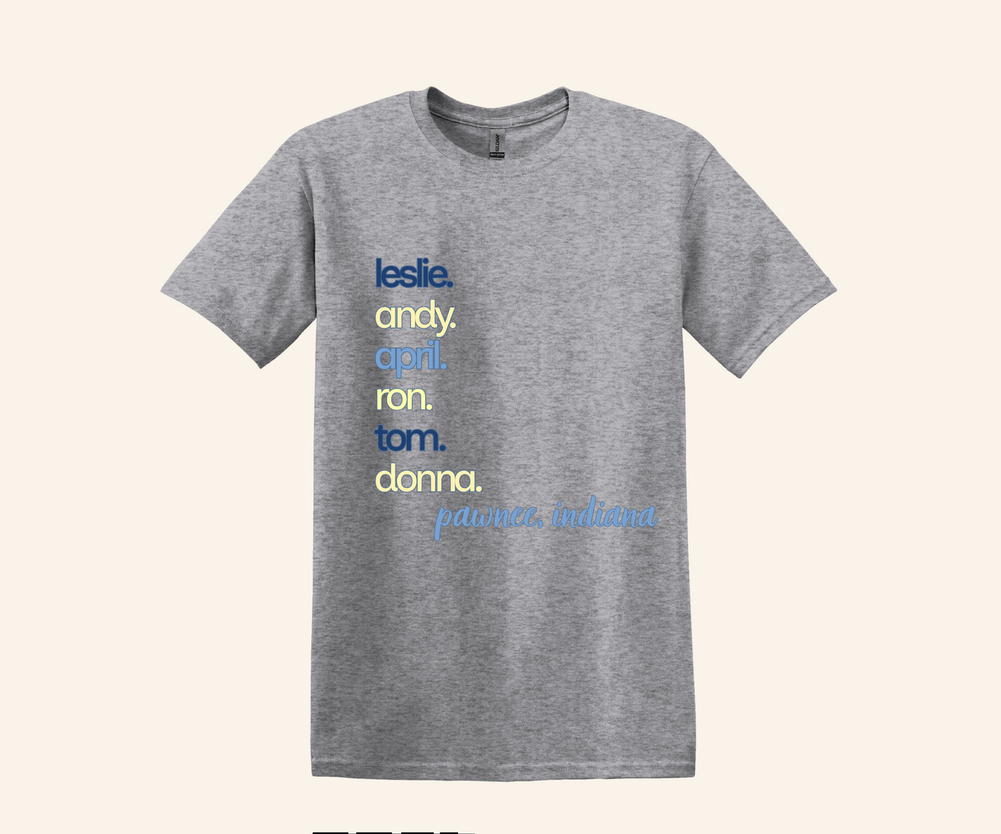 Pawnee Indiana Character Stack Fan Tee, unisex fit, sizes XS–3XL, TV series inspired