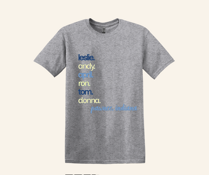 Pawnee Indiana Character Stack Fan Tee, unisex fit, sizes XS–3XL, TV series inspired