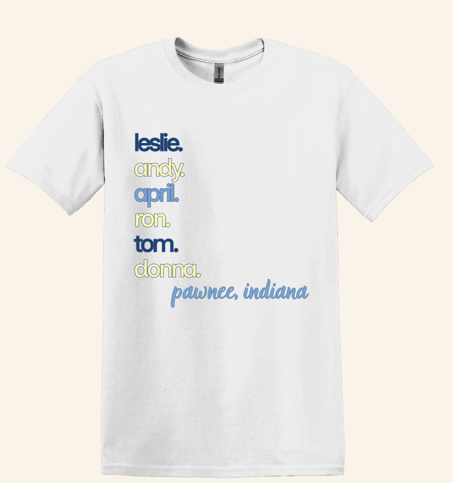 Pawnee Indiana Character Stack Fan Tee, unisex fit, sizes XS–3XL, TV series inspired