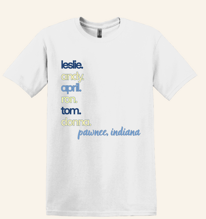 Pawnee Indiana Character Stack Fan Tee, unisex fit, sizes XS–3XL, TV series inspired