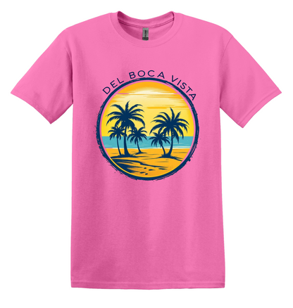 Del Boca Vista Beach T-Shirt, Retro Palm Trees, Unisex Gildan Tee