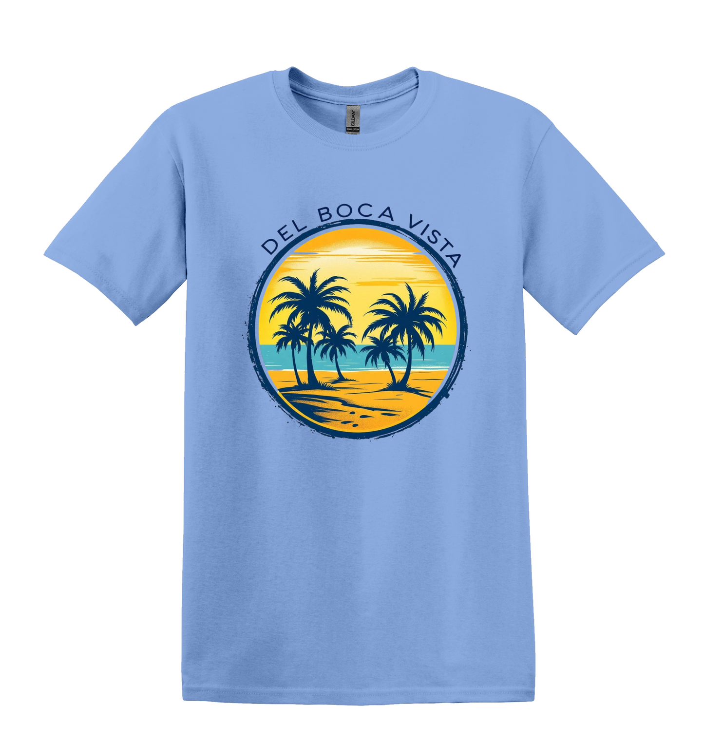Del Boca Vista Beach T-Shirt, Retro Palm Trees, Unisex Gildan Tee