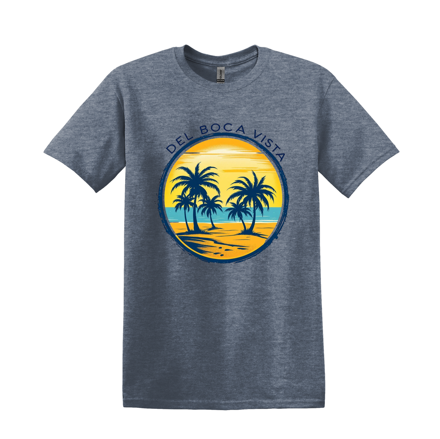 Del Boca Vista Beach T-Shirt, Retro Palm Trees, Unisex Gildan Tee
