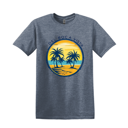 Del Boca Vista Beach T-Shirt, Retro Palm Trees, Unisex Gildan Tee