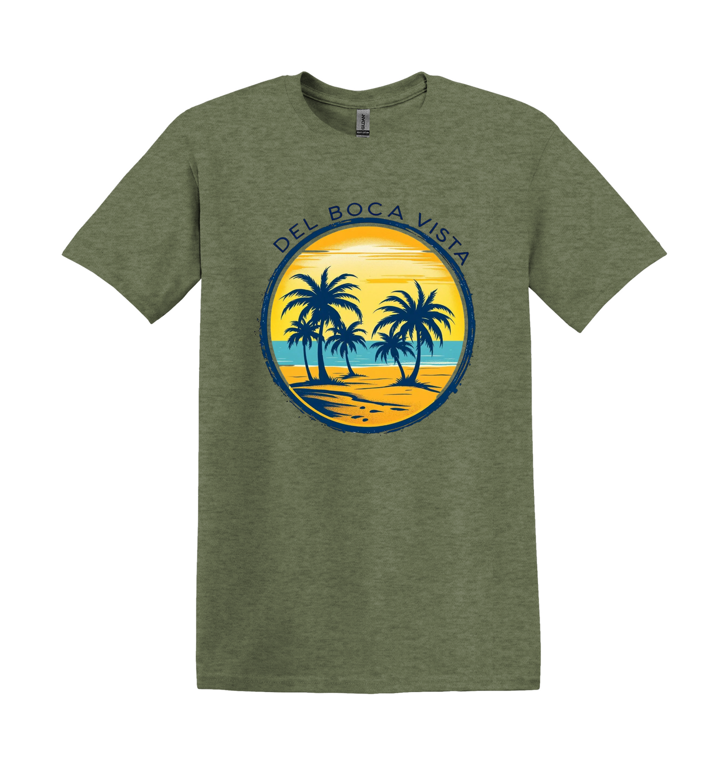Del Boca Vista Beach T-Shirt, Retro Palm Trees, Unisex Gildan Tee