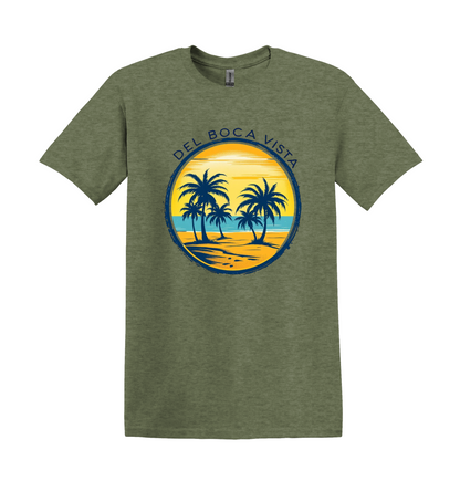 Del Boca Vista Beach T-Shirt, Retro Palm Trees, Unisex Gildan Tee