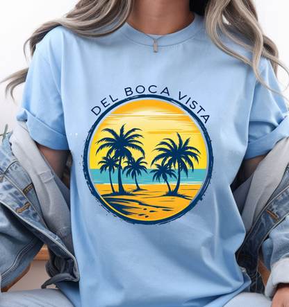 Del Boca Vista Beach T-Shirt, Retro Palm Trees, Unisex Gildan Tee