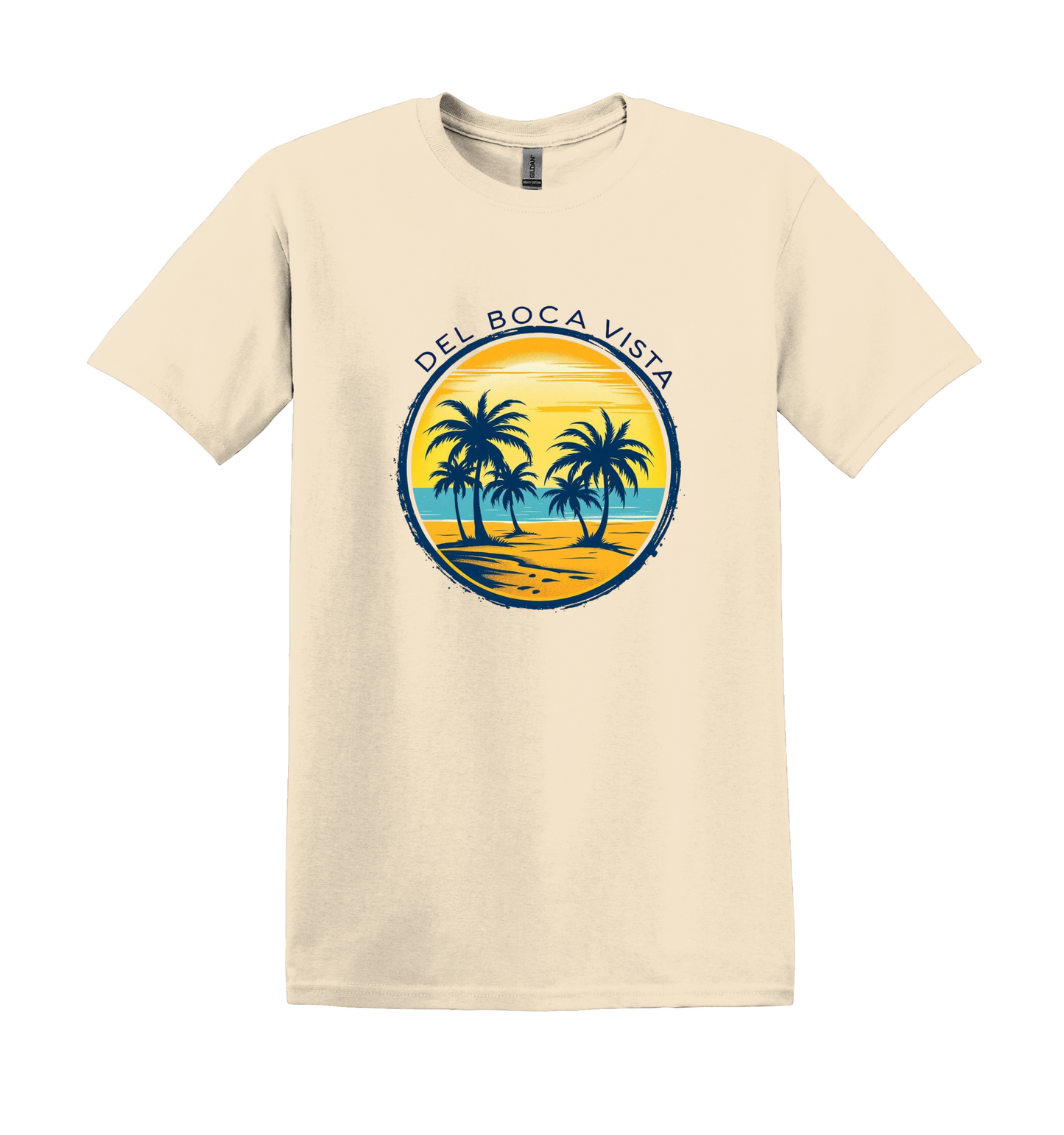 Del Boca Vista Beach T-Shirt, Retro Palm Trees, Unisex Gildan Tee