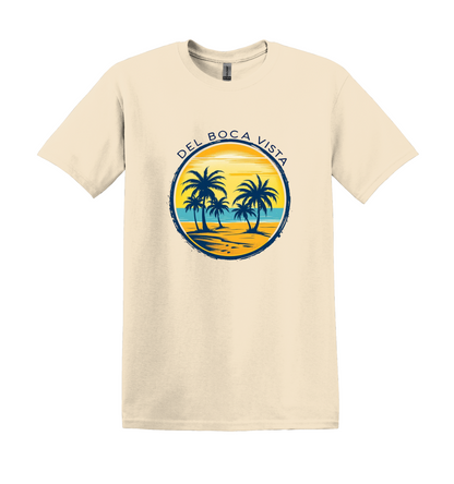 Del Boca Vista Beach T-Shirt, Retro Palm Trees, Unisex Gildan Tee
