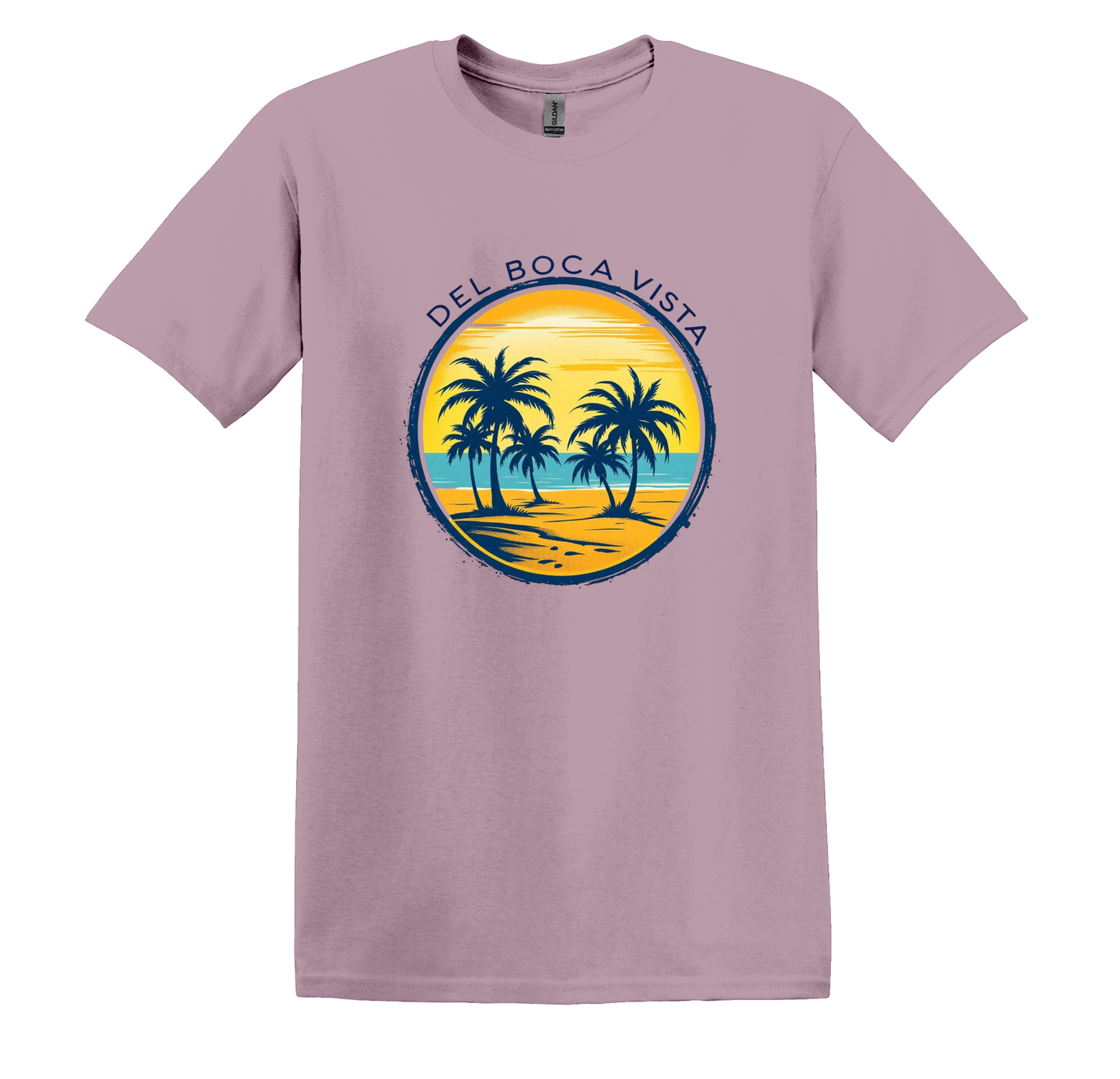 Del Boca Vista Beach T-Shirt, Retro Palm Trees, Unisex Gildan Tee