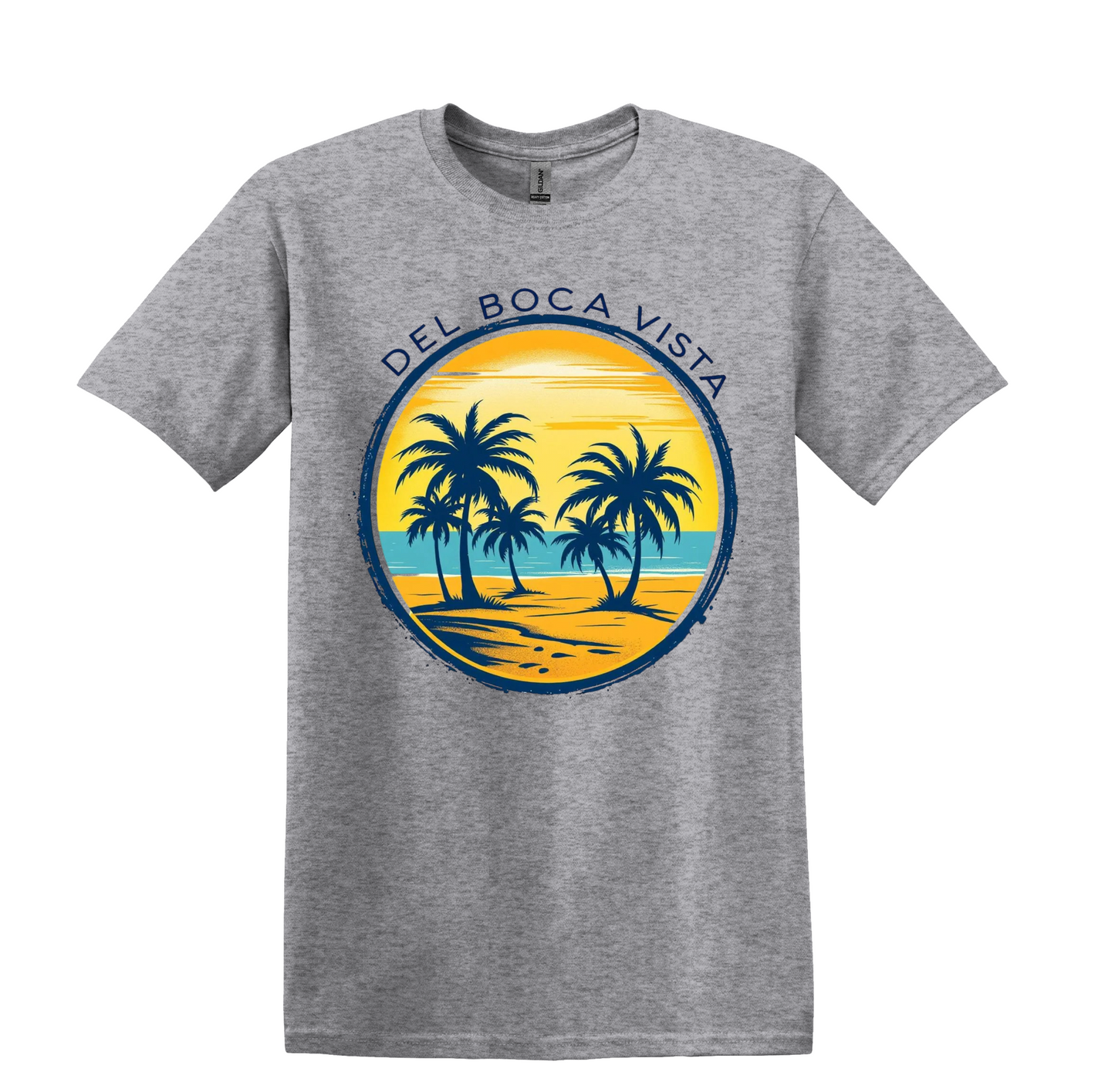 Del Boca Vista Beach T-Shirt, Retro Palm Trees, Unisex Gildan Tee