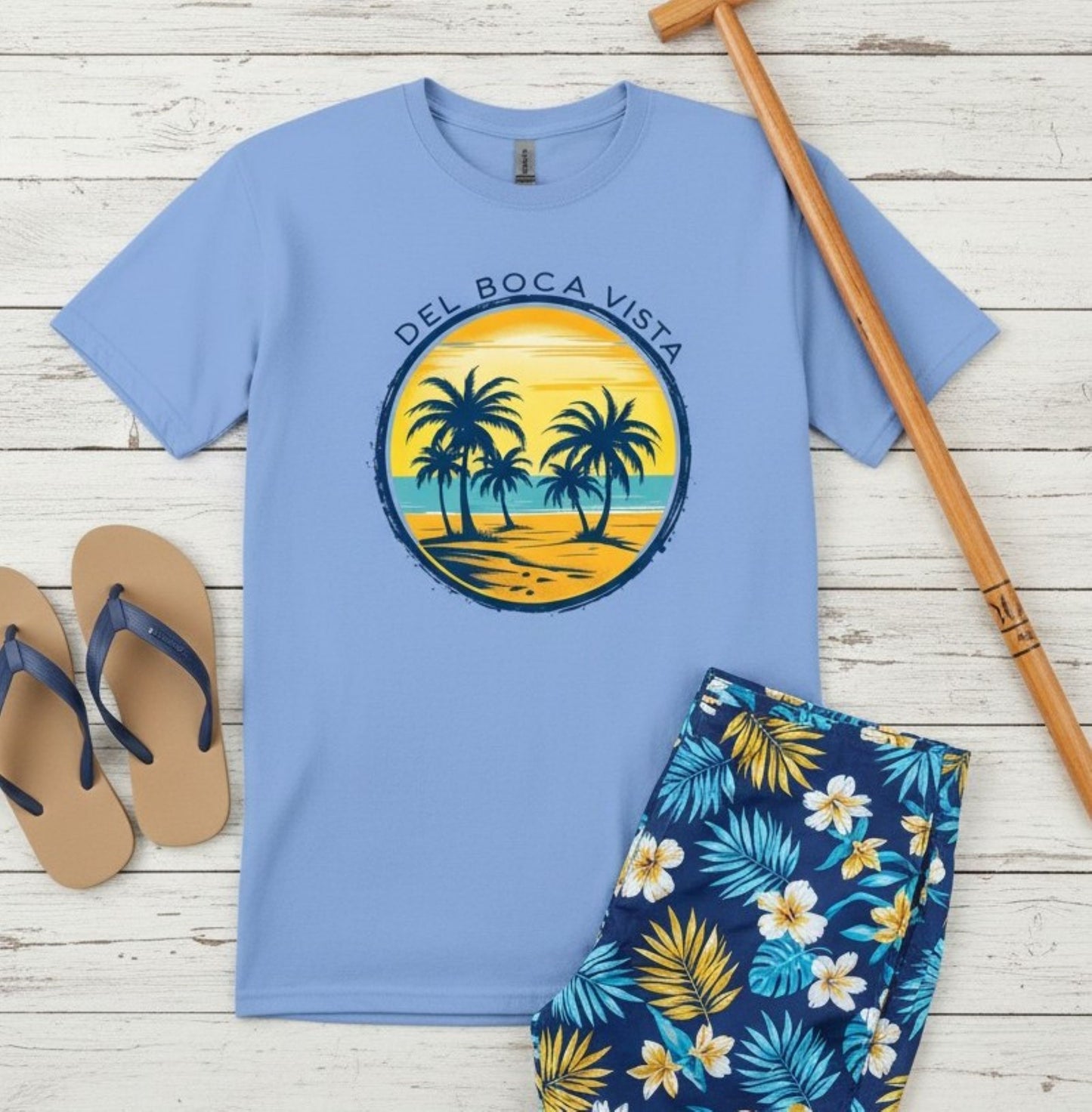 Del Boca Vista Beach T-Shirt, Retro Palm Trees, Unisex Gildan Tee