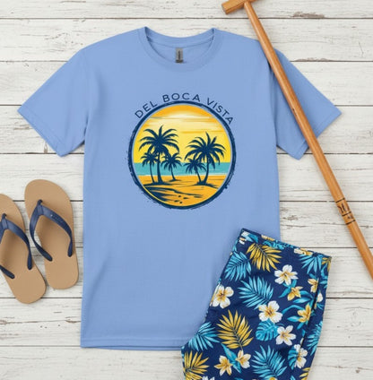 Del Boca Vista Beach T-Shirt, Retro Palm Trees, Unisex Gildan Tee