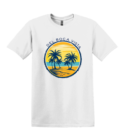 Del Boca Vista Beach T-Shirt, Retro Palm Trees, Unisex Gildan Tee
