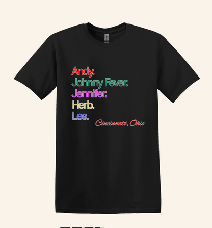 Retro 80s TV WKRP Cast Name Graphic Shirt, Cincinnati Ohio theme, unisex tee, nostalgic gift