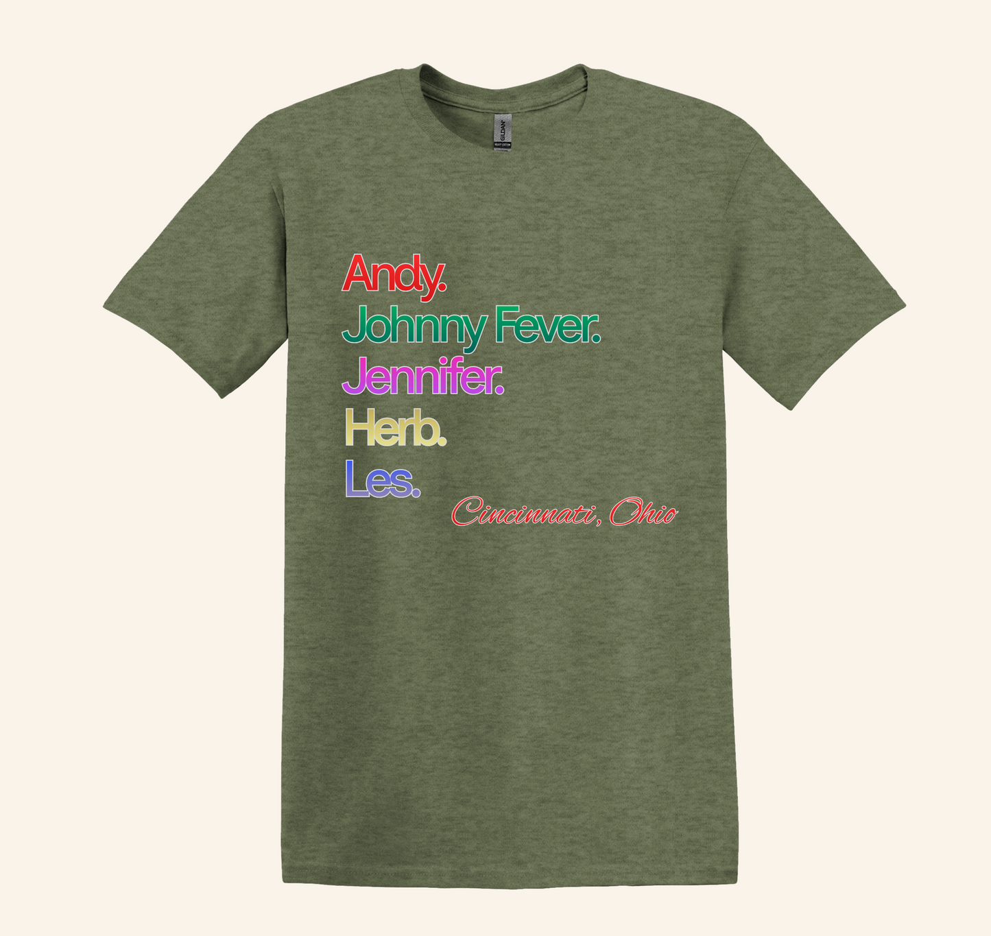 Retro 80s TV WKRP Cast Name Graphic Shirt, Cincinnati Ohio theme, unisex tee, nostalgic gift