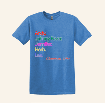 Retro 80s TV WKRP Cast Name Graphic Shirt, Cincinnati Ohio theme, unisex tee, nostalgic gift