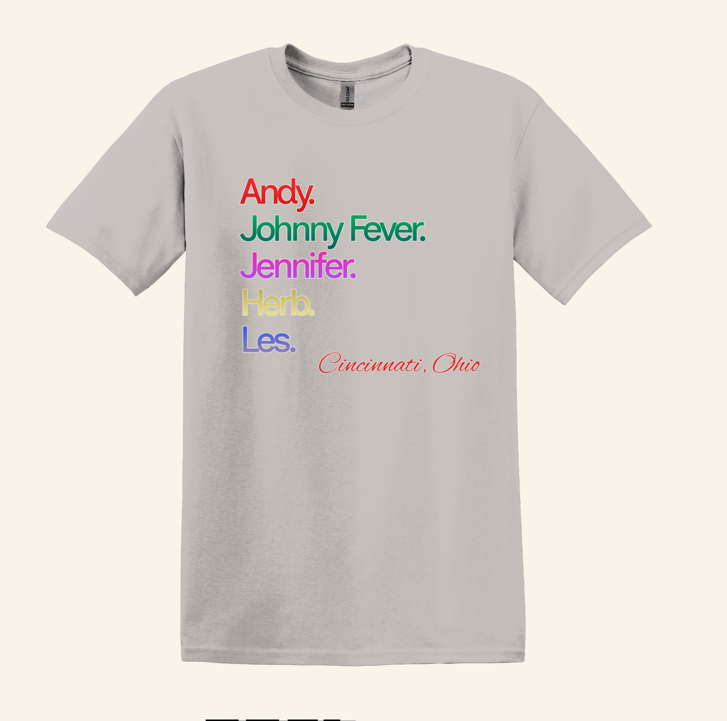 Retro 80s TV WKRP Cast Name Graphic Shirt, Cincinnati Ohio theme, unisex tee, nostalgic gift