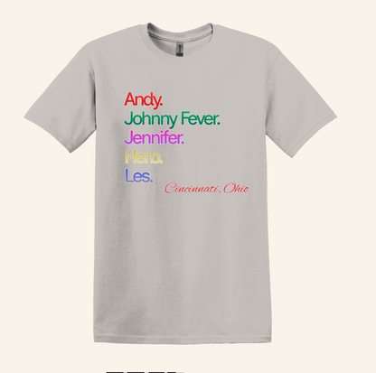 Retro 80s TV WKRP Cast Name Graphic Shirt, Cincinnati Ohio theme, unisex tee, nostalgic gift