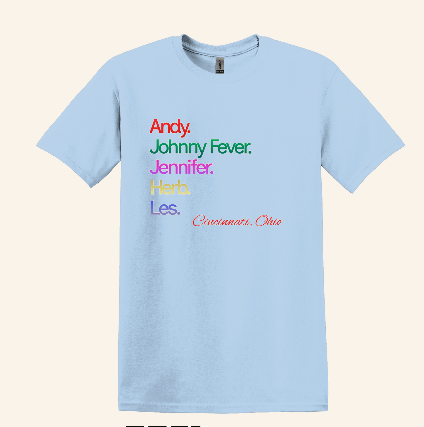 Retro 80s TV WKRP Cast Name Graphic Shirt, Cincinnati Ohio theme, unisex tee, nostalgic gift