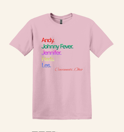 Retro 80s TV WKRP Cast Name Graphic Shirt, Cincinnati Ohio theme, unisex tee, nostalgic gift