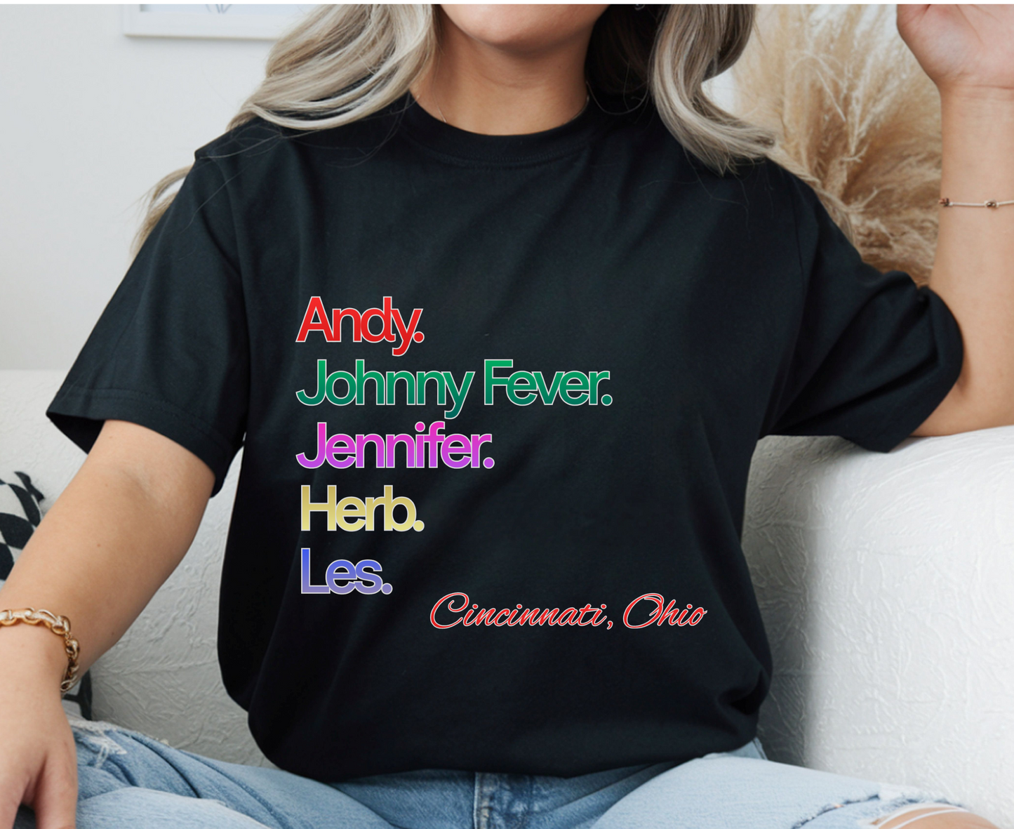 Retro 80s TV WKRP Cast Name Graphic Shirt, Cincinnati Ohio theme, unisex tee, nostalgic gift