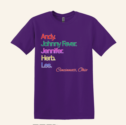 Retro 80s TV WKRP Cast Name Graphic Shirt, Cincinnati Ohio theme, unisex tee, nostalgic gift