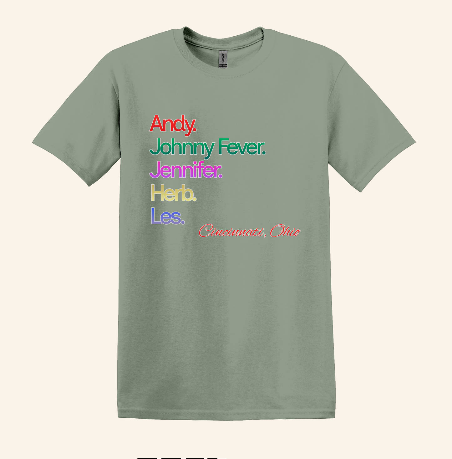 Retro 80s TV WKRP Cast Name Graphic Shirt, Cincinnati Ohio theme, unisex tee, nostalgic gift