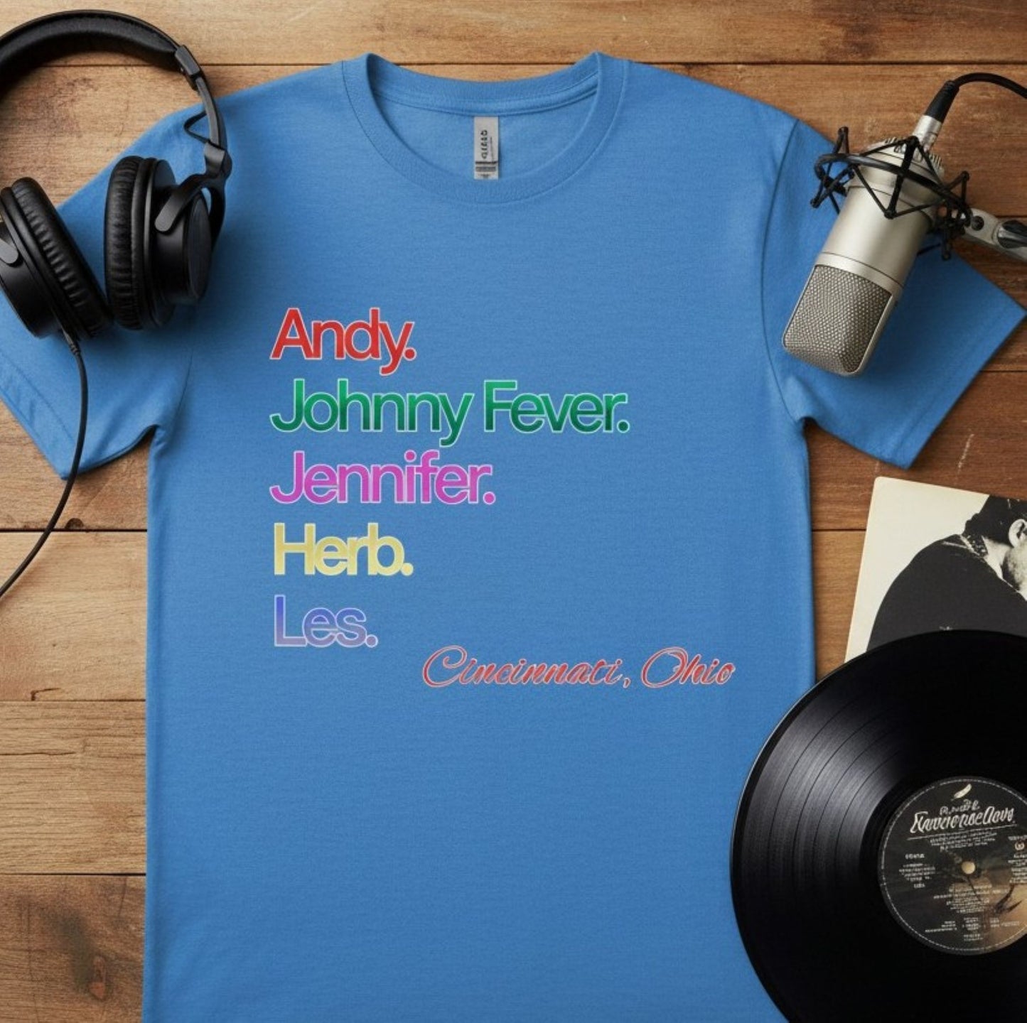 Retro 80s TV WKRP Cast Name Graphic Shirt, Cincinnati Ohio theme, unisex tee, nostalgic gift