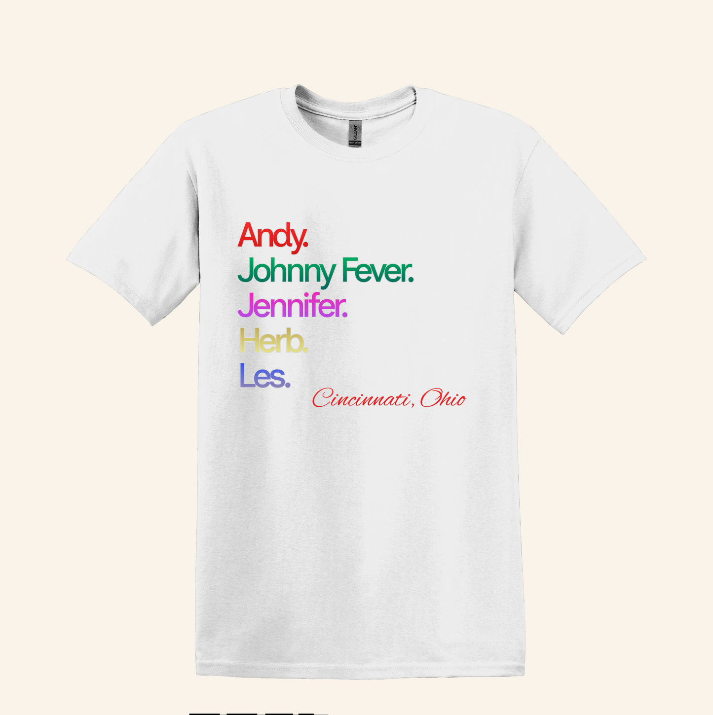 Retro 80s TV WKRP Cast Name Graphic Shirt, Cincinnati Ohio theme, unisex tee, nostalgic gift