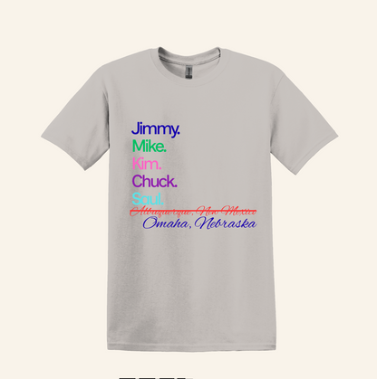 Better Call Saul TV Series Names Graphic Tee, minimalist text design, unisex fit, plus sizes, gift for fans