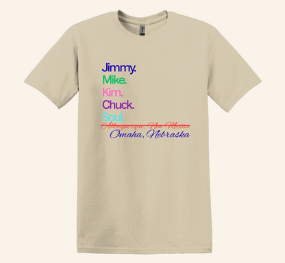 Better Call Saul TV Series Names Graphic Tee, minimalist text design, unisex fit, plus sizes, gift for fans