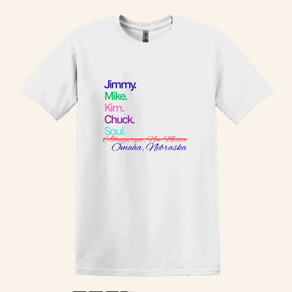 Better Call Saul TV Series Names Graphic Tee, minimalist text design, unisex fit, plus sizes, gift for fans