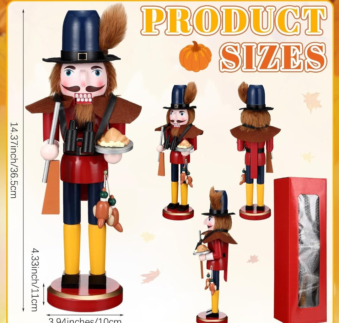 Wooden Thanksgiving Tabletop Decoration, Pilgrim Nutcracker, 14 Inch, Seasonal Accent