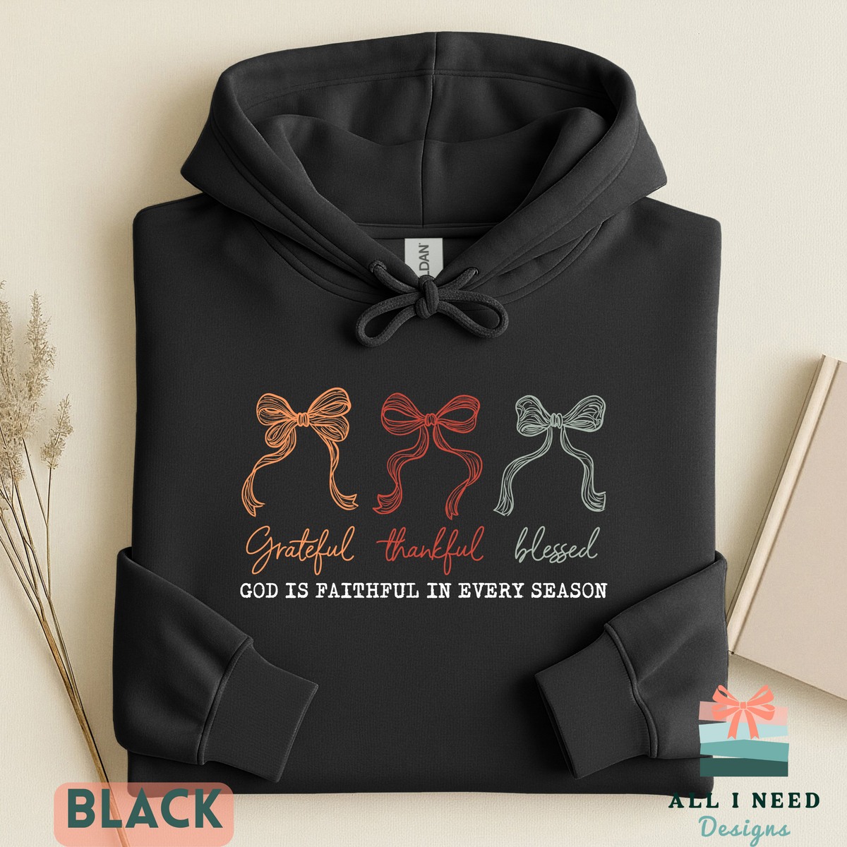Thanksgiving Gratitude Bow Hoodie, God is faithful message, cozy fall style