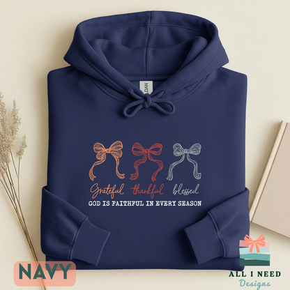 Thanksgiving Gratitude Bow Hoodie, God is faithful message, cozy fall style