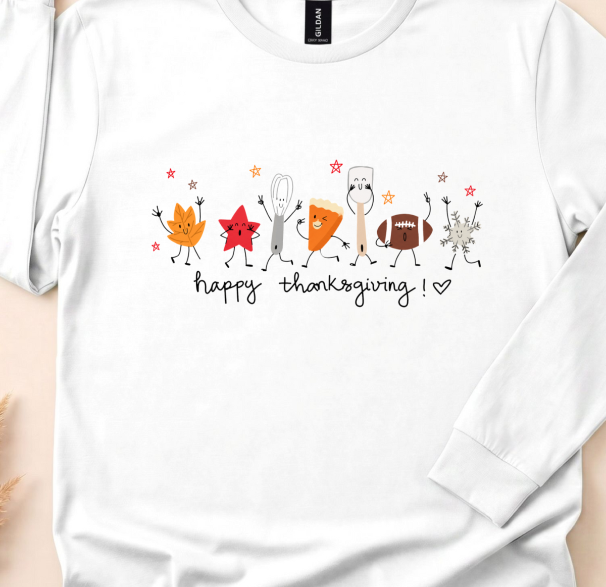 Happy Thanksgiving Doodles Long Sleeve Top, Autumn Sports Motif, Festive Family Dinner Wear