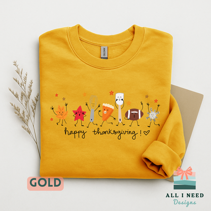 Happy Thanksgiving Doodles Long Sleeve Top, Autumn Sports Motif, Festive Family Dinner Wear
