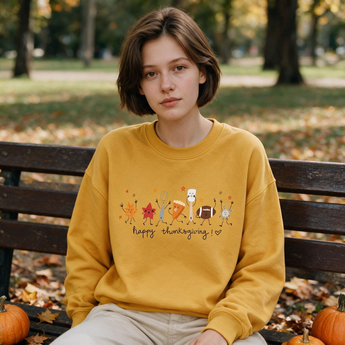 Happy Thanksgiving Doodles Long Sleeve Top, Autumn Sports Motif, Festive Family Dinner Wear