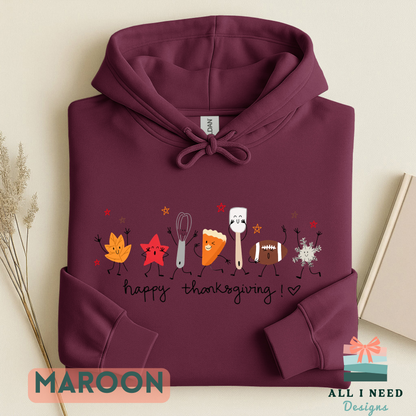 Happy Thanksgiving Doodles Long Sleeve Top, Autumn Sports Motif, Festive Family Dinner Wear