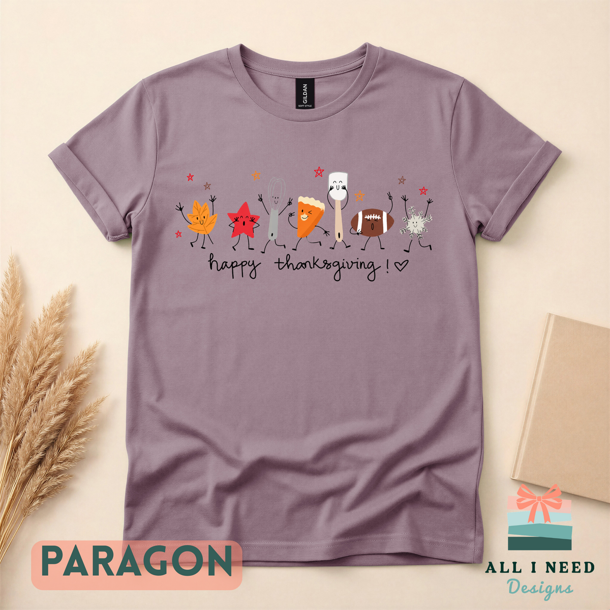 Happy Thanksgiving Doodles Long Sleeve Top, Autumn Sports Motif, Festive Family Dinner Wear