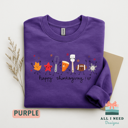 Happy Thanksgiving Doodles Long Sleeve Top, Autumn Sports Motif, Festive Family Dinner Wear